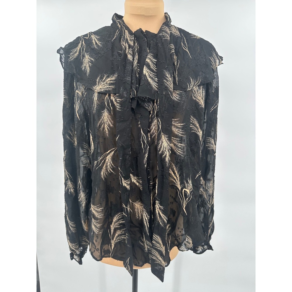 Bishop + Young Sheer Blouse Ruffle Neck Long Sleeve Feather Print Top ‎ Blouse